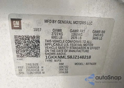 2018 GMC Acadia Slt-1 from USA, damaged, VIN 1GKKNMLS8JZ148218